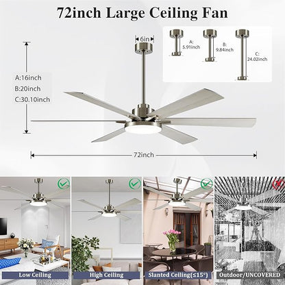 DIAMONDFORGE 72 Inch Ceiling Fans with Lights and Remote Control,Indoor/Outdoor Flush Mount Low Profile Commercial Reversible Dimmable Ceiling Fans for Living Room Patio Industrial Shop,White Silver