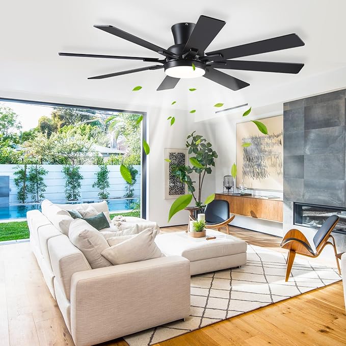 Mpayel Ceiling Fans with Lights, 52 Inch Low Profile Flush Mount Ceiling Fan, Modern Black Ceiling Fan with Light for Bedroom Living Room, Remote/APP Control, Quiet DC Motor, Dimmable, 8 Wood Blades