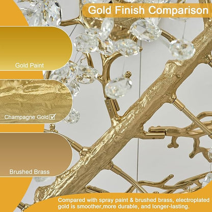 Modern Crystal Gold Chandelier,63" Large Rectangular Lving Room Chandeliers for Dining Room, Tree Branch Crystal Dining Room Over Table Chandelier