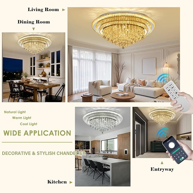 COCOSTAR Sliver Elegant LED Crystal Raindrop Ceiling Light with Remote and APP, 40" Modern Flush Mount Chandelier Light Fixture, 3CCT Dimmable, for Living Room Kitchen Island Bedroom Entryway Foyer