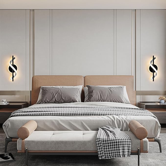 EIDISUNY Black Wall Sconces Sets of 2, 12W Modern Spiral LED Wall Lamp, 3000K Warm White Wall Light Fixture for Stairs Living Room Bedroom Aisle Hallway
