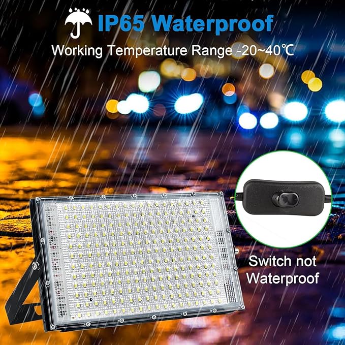 LED Flood Lights Outdoor, 2 Pack 150W 15000LM Bright Exterior Floodlight, IP65 Waterproof LED Work Lights, 6500K Daylight White, Plug in Flood Light Outdoor for Yard, Garden, Lawn, Backyard