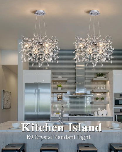Modern Tree Branch Crystal Chandelier Luxury Silver Crystal Pendant Lighting 18" Contemporary 6-Light Chandeliers for Dining Room Kitchen Bedroom Living Room
