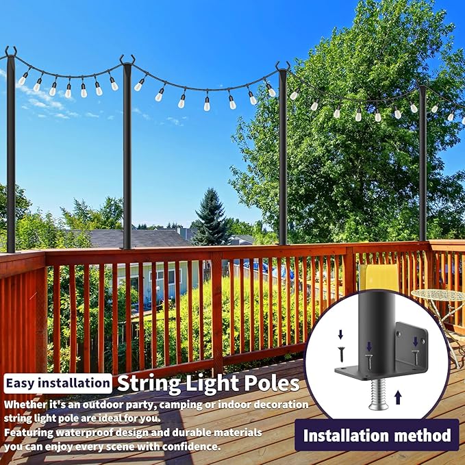 Mutovlin 6 Pack String Light Poles,5 Ft Light Poles for Outside String Lights,Outdoor Lights Pole with Fork,Metal Poles Stand for Patio Deck Backyard