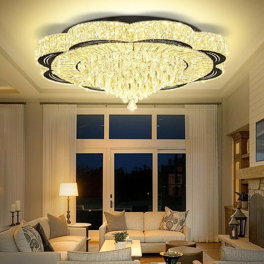 Modern Empire Crystal Chandelier Black 40inches Crystal Raindrop Ceiling Light for Living Room Bedroom LED Infinity Dimmable 3000-6000K