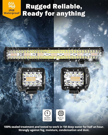 Auxbeam 6 Modes Amber White Series, 4" LED Pods with 20" LED Light Bar Combo Set, Dual Color Strobe Flash/Warning/Signal Spot Flood Combo Auxiliary Offroad Fog Lights, 3 Packs