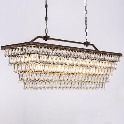 Wellmet Dining Room Crystal Chandelier, 48 Inch Antique Bronze Rectangle Chandeliers, 9 Lights Luxury Large Farmhouse Hanging Ceiling Light Fixtures for Kitchen Island, Living Room, Entryway