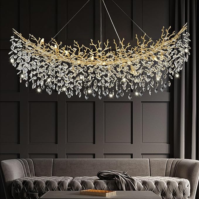 Modern Crystal Gold Chandelier,63" Large Rectangular Lving Room Chandeliers for Dining Room, Tree Branch Crystal Dining Room Over Table Chandelier