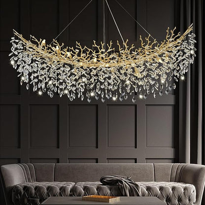 Modern Crystal Gold Chandelier,63" Large Rectangular Lving Room Chandeliers for Dining Room, Tree Branch Crystal Dining Room Over Table Chandelier