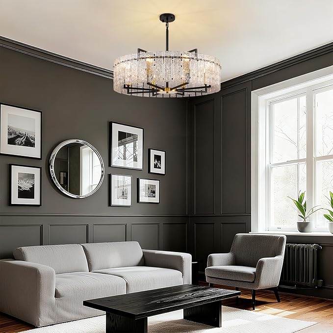 31.5" Modern Round Drum Chandelier Luxury 8-Light Round Large Gold Chandelier Lighting Fixtures Water Ripple Glass Chandeliers for Living Room Dining Room Hotel Foy