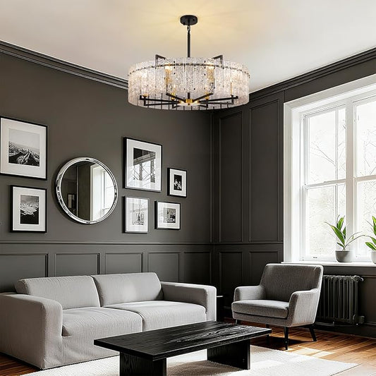 31.5" Modern Round Drum Chandelier Luxury 8-Light Round Large Gold Chandelier Lighting Fixtures Water Ripple Glass Chandeliers for Living Room Dining Room Hotel Foy