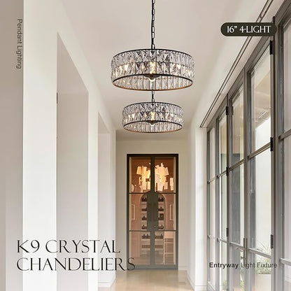 16” 4-Light Modern Crystal Chandeliers Black Dinning Room Light Fixture, Round Pendant Light Kitchen Island Chandelier, Flush Mount Ceiling Light for Living Room Entryway Bedroom Foyer