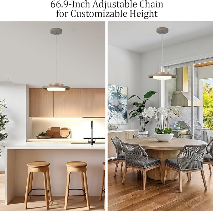 Modern Pendant Lights,15 inch,Real Wood Cap,3000K/Warm White/22W Dimmable,LED Pendant Light Fixtures for Kitchen, Dining Room, Living Room,Gray