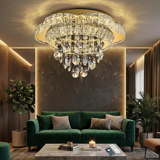 Gold 18" Modern Flush Mount Chandelier for Bedroom, LED Crystal Ceiling Light Over Table,Elegant Dining Room Lighting Fixture with Remote Control, 3CCT Dimmable