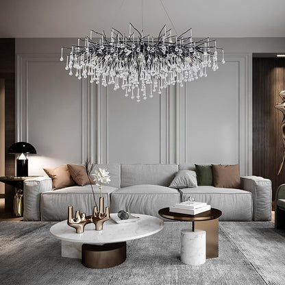 Chandeliers for Dining Room - 47.5" Modern Black Crystal Chandelier, Round Tree Branch Raindrop Chandelier, Foyer Chandeliers for Entryway, Living Room,Bedrooms,Bathroom(Bulb not Included)