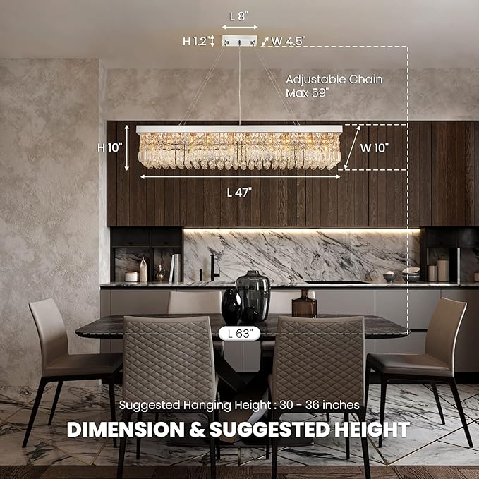 7PM Rectangle K9 Crystal Chandelier Modern Rectangular Pendant Light Fixture for Dining Room Kitchen Island Chrome L47 x W10 x H10