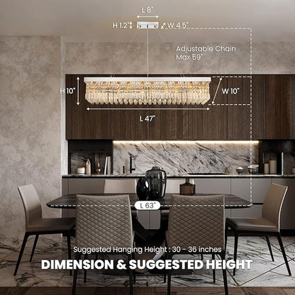 7PM Rectangle K9 Crystal Chandelier Modern Rectangular Pendant Light Fixture for Dining Room Kitchen Island Chrome L47 x W10 x H10