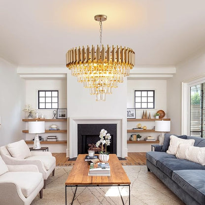 Gold Crystal Chandelier 24" Modern Living Room Chandeliers, K9 Crystal Ceiling Lights Fixtures, Round 5 Tiers Pendant Lighting Large Chandelier for Entryway Dining Room Staircase