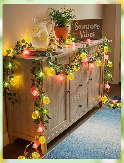 8.5Ft Summer Beach Hawaiian String Lights Outdoor with 10 LED Flamingo Pineapple Palm Tree Lights, Plug in Tropical Party Decorations Lights for Patio Backyard Garden Window Tiki Bar Pool Party Decor