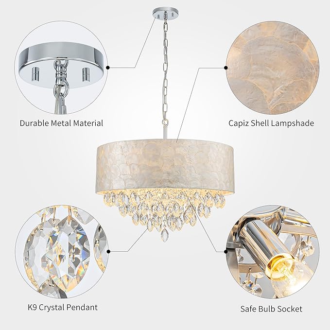 X-Large 6-Light Drum Capiz Shell K9 Crystal Chandelier, Coastal Style Pendant Light Fixture for Dining Room, Living Room, D24 * H24~70 inch (Adjustable), Clear Crystal & Chrome Finish