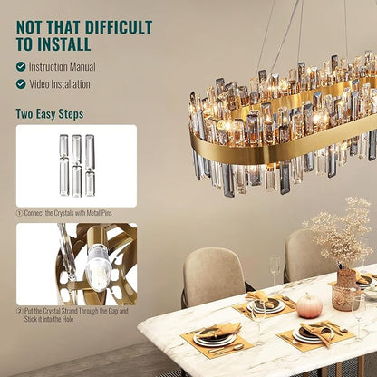 Siljoy 16-Light Modern Crystal Chandelier, Luxury Dimmable Brass Gold K9 Raindrop Crystal Chandelier, Adjustable Crystal Pendant Ceiling Light for Dining Room Living Room Kitchen Island L35.4''