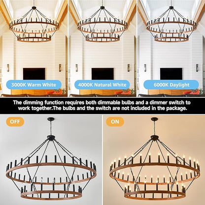 HHR 60" Wood-Grain Surface Double Tier Wagon Wheel Chandelier, 54-Light Extra Large Farmhouse Pendant Light Fixture, Round High Ceiling Chandelier for Dining Room Living Room Island Foyer Entryway E12
