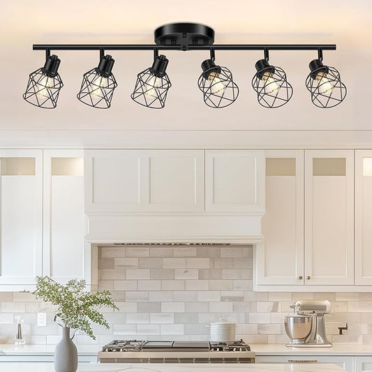 Baocuz 6-Lights Black Semi Flush Mount Ceiling Light, Multi-Directional Ceiling Light Fixtures, Rotatable Kitchen Track Lighting Fixtures with Wire Cages for Living Room, Dining Table, Foyer