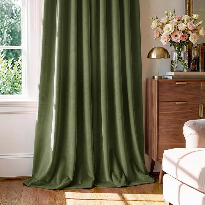 StangH Moss Green Curtains 92 inches Long Super Soft Velvet Room Darkening Thermal Insulated Window Drapes Back Tab Christmas Decor for Bedroom Living Room, W52 x L92, 2 Panels