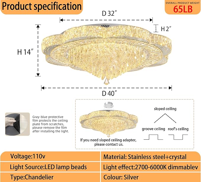Modern Crystal Chandelier for Living Room 40in Chrome Crystal Raindrop Ceiling Light for Room Bedroom LED Dimmable 3000-6000K