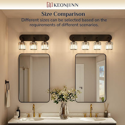 Keonjinn 3-Light Bathroom Light Fixtures, Crystal Black Bathroom Vanity Lights Over Mirror, Vanity Lighting Fixtures with Crystal Square Shades for Mirror, Modern Decor (E26 Base, Exclude Bulb)