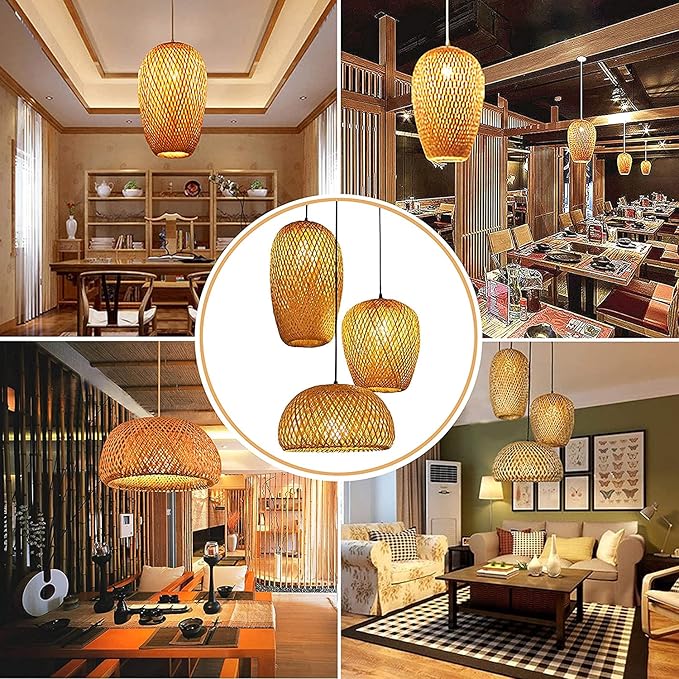 GWY Bamboo Pendant Lights, 3 Headlights E26 E27 Retro Rustic Yellow Bamboo Wicker Rattan Woven Chandelier Lamp Shade Light Fixture Ceiling Hanging Light for Bedroom Restaurant Cafe Farmhouse Teahouse