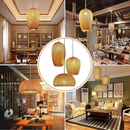 GWY Bamboo Pendant Lights, 3 Headlights E26 E27 Retro Rustic Yellow Bamboo Wicker Rattan Woven Chandelier Lamp Shade Light Fixture Ceiling Hanging Light for Bedroom Restaurant Cafe Farmhouse Teahouse