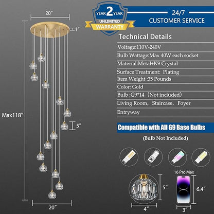 Weesalife Crystal Chandeliers for Staircases, 14-Light Gold Modern Chandeliers for High Ceilings，Crystal Pendant Light Fixture for Living Room Kitchen Island Foyer Hallway Bar