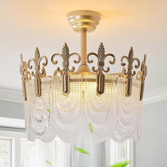 Gold Crystal Fandelier Ceiling Fan with Light,20" Gold French Chandelier Ceiling Fans with Lights Remote Control, Morden Mid-Century Caged with 6 Speeds for Bedroom, Nursery, Living Room