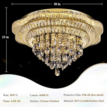 Gold 30" Modern Flush Mount Chandelier for Living Room, LED Crystal Ceiling Light for Bedroom,Elegant Dining Room Lighting Fixture with Remote Control, 3CCT Dimmable