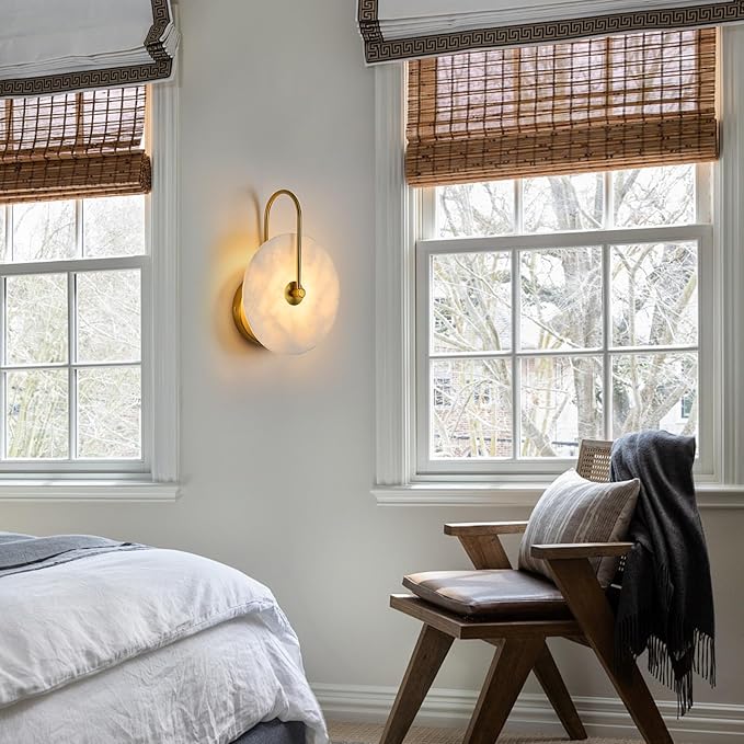 Round Alabaster Wall Sconce, Natural Marble Lampshade Wall Sconce, Hardwired Circular Sconce LED Modern Wall Lamp for Bedroom, Stairs, Living Room, Bedside, Hallway 7.84 Inch Gold