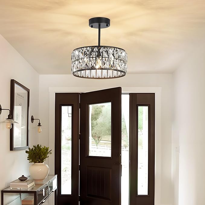 Modern Black Crystal Pendant Light 4-Light,Crystal Small Chandelier,12-Inch Small Round Semi Flush Mount Ceiling Light for Kitchen Island & Entryway