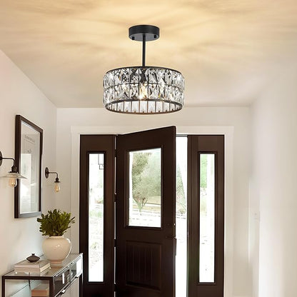 Modern Black Crystal Pendant Light 4-Light,Crystal Small Chandelier,12-Inch Small Round Semi Flush Mount Ceiling Light for Kitchen Island & Entryway