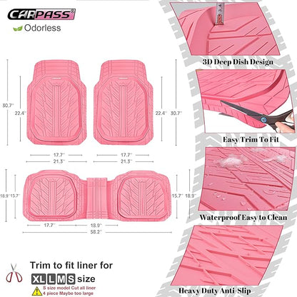 CAR PASS DeepDish Pink Floor Mats for Cars Full Set,Heavy Duty Rubber Car Mats 3-Piece,Universal Waterproof Trim-to Fit Automotive Floor Mats for Truck Van SUV, Durable All-Weather Car Mats (Pink)