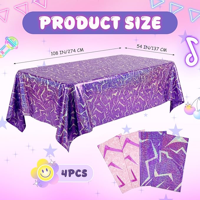 Oudain 4 Pcs Kpop Theme Purple & Pink Lightning Crack Print Holographic Party Tablecloth 54 x 108 Inch Disposable Rectangle Table Cover for Anime Korean Kpop Theme Birthday Decoration