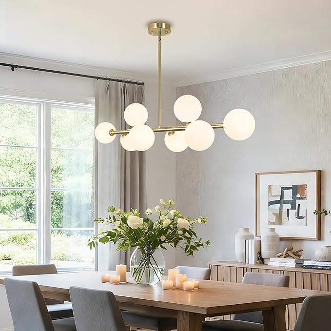 Mid Century Linear Chandeliers for Dining Room, 8-Light Modern Sputnik Chandeliers 37" Gold Chandelier Dining Room Light Fixture White Glass Globe Chandelier Island Lights, Electroplated Brass