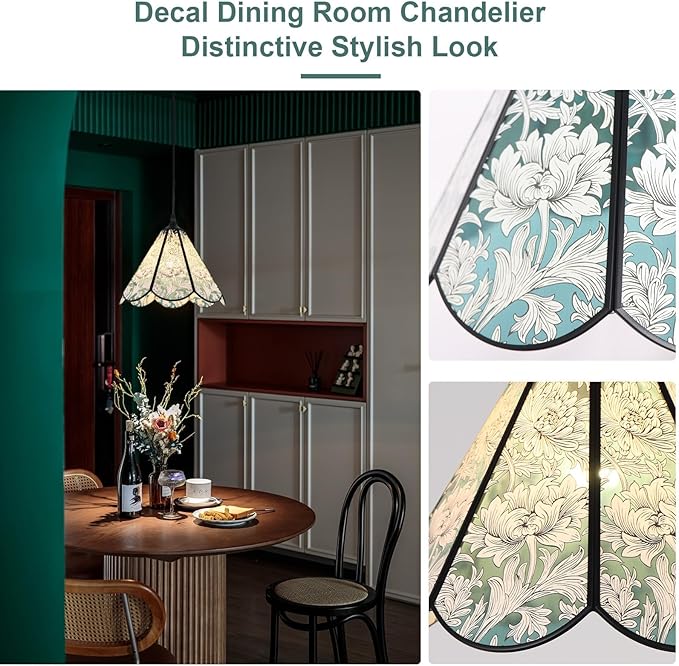 Floral Handcrafted Glass Pendant Light Fixture, Tiffany Pendant Light with Artisanal Applique, Perfect for Dining Tables and Kitchen Islands