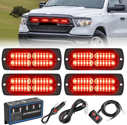 Nilight 4PCS LED Strobe lights 12V 24V Sync Feature Red 24LED Emergency Hazard Warning Lights with Controller Hard Wire or Cigarette Lighter Plug for Car Truck RVs Campers