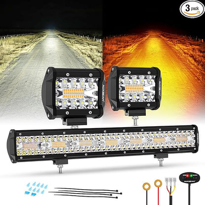 Auxbeam 6 Modes Amber White Series, 4" LED Pods with 20" LED Light Bar Combo Set, Dual Color Strobe Flash/Warning/Signal Spot Flood Combo Auxiliary Offroad Fog Lights, 3 Packs