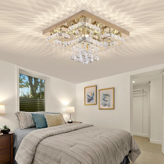 18 inch Flush Mount Chandelier Crystal Ceiling Light with Remote Control/APP, 3CCT Dimmable&Brightness Adjustable, Modern Crystal Raindrop Gold Chandeliers for Bedroom Hallway Dinning Room Living Room