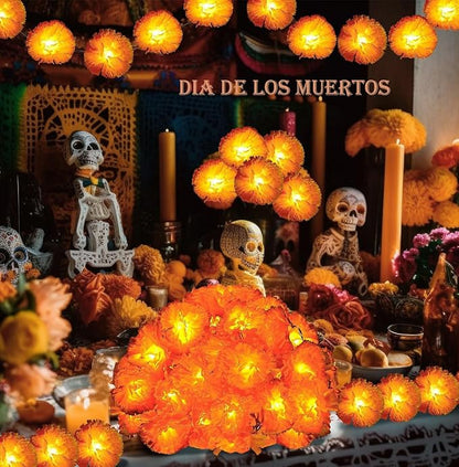 Marigold Garland Lights String for Day of The Dead Decorations 10ft 20 Led Artificial Marigold Flowers Light String Dia De Los Muertos Decoration Diwali Indian Wedding Party Halloween Decor