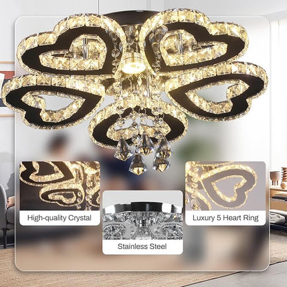 Heart 5 Rings Crystal Chandelier, Modern LED Flush Mount Ceiling Light with K9 Crystals Light Fixture for Bedroom, Living Room, Kitchen Warm White