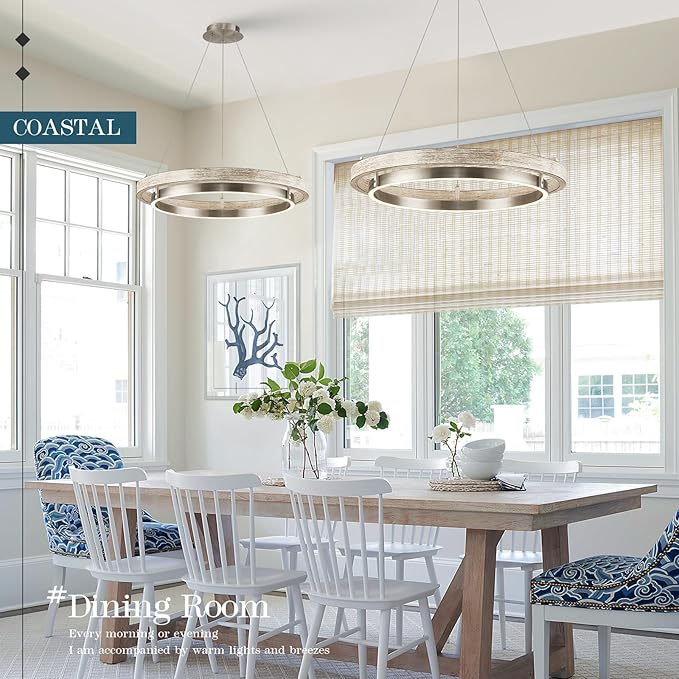 LED Ring Chandelier Weathered Wood Nickel Chandelier Dimmable Round Foyer Chandeliers Light Farmhouse Circular Chandeliers for Dining Room Entry Bedroom Office Living Room, 24in