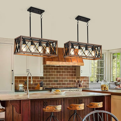 KEESFU 4-Light Dining Room Light Fixture, Farmhouse Kitchen Island Lighting,Adjustable Height Pendant Light, Rustic Linear Chandelier for Kitchen, Dining Room Table, Pool Table. (Wood Grain Color)