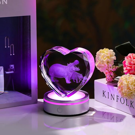 Qianwei Hippo Gifts for Women 3D Crystal Heart - Laser Hippo Decor Glass Animals Hippopotamus Gifts Figurines Statue Stuff for Room Decorations Hippopotamus Night Light